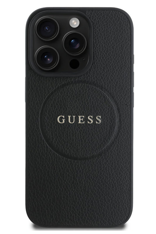 Guess Grained Yazı Logolu iPhone 16 Pro Max Magsafe Uyumlu Kılıf Siyah