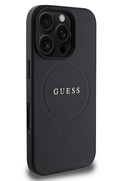 Guess Grained Yazı Logolu iPhone 16 Pro Max Magsafe Uyumlu Kılıf Siyah