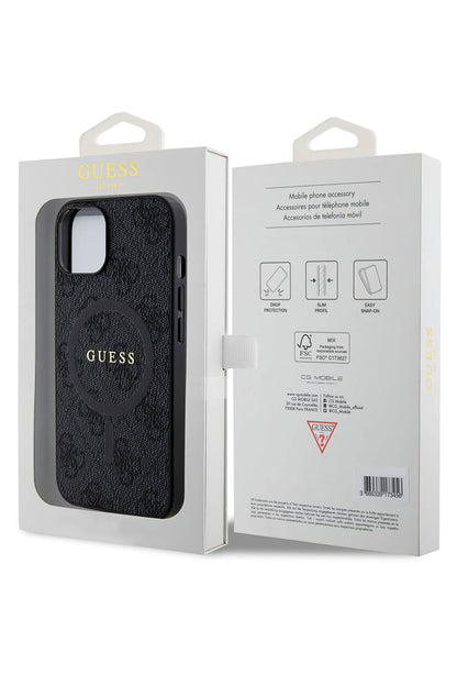 Guess iPhone 15 Magsafe Uyumlu 4G Desenli Kılıf Siyah
