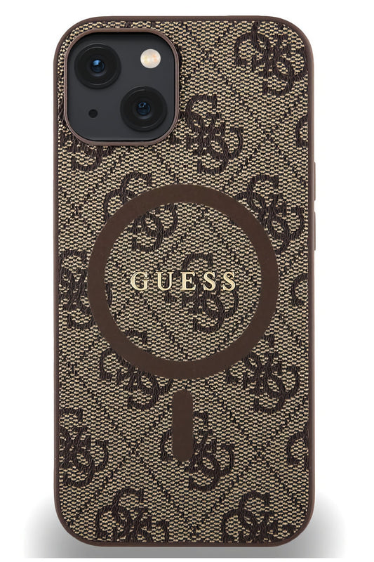 Guess iPhone 15 Magsafe Uyumlu 4G Desenli Kılıf Kahverengi
