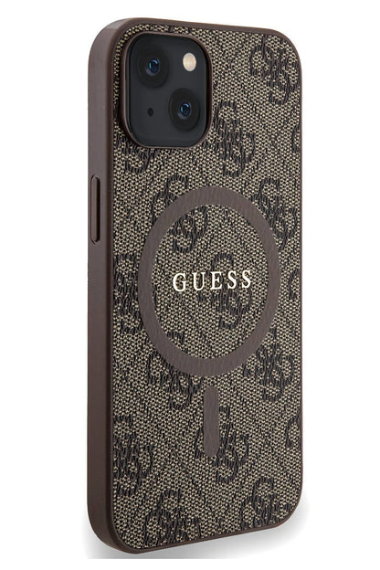 Guess iPhone 15 Magsafe Uyumlu 4G Desenli Kılıf Kahverengi