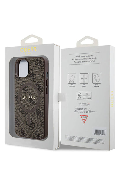 Guess iPhone 14 Magsafe Uyumlu 4G Desenli Kılıf Kahverengi
