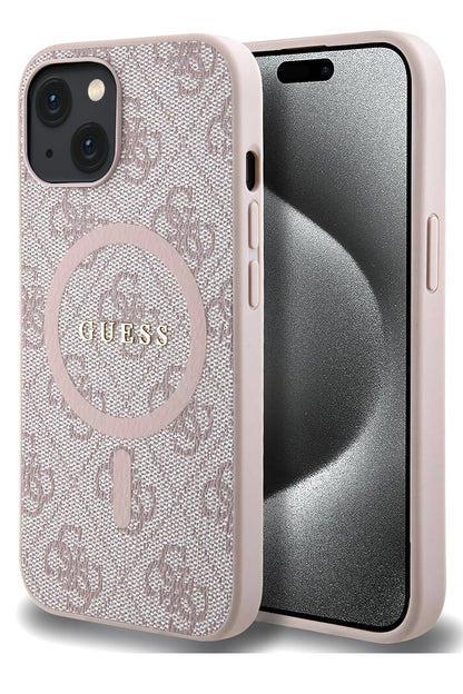 Guess iPhone 15 Magsafe Uyumlu 4G Desenli Kılıf Pembe
