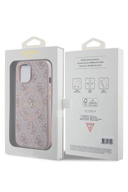 Guess iPhone 15 Magsafe Uyumlu 4G Desenli Kılıf Pembe