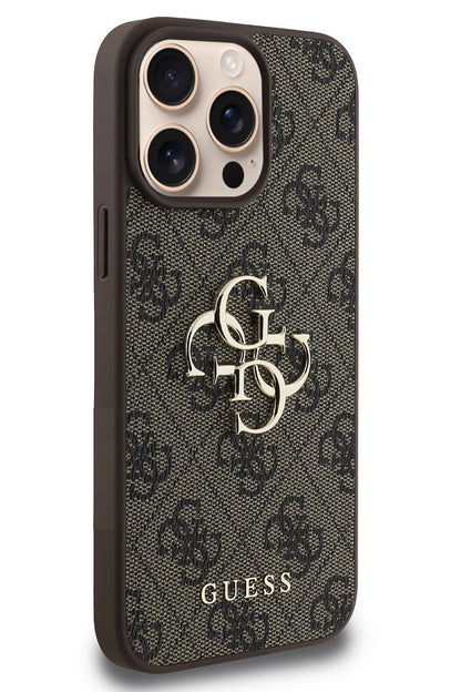 Guess iPhone 13 Pro Max Uyumlu 4G Logolu Deri Kılıf Kahverengi