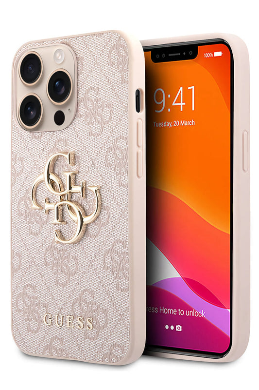 Guess iPhone 13 Pro Max Uyumlu 4G Logolu Deri Kılıf Pembe
