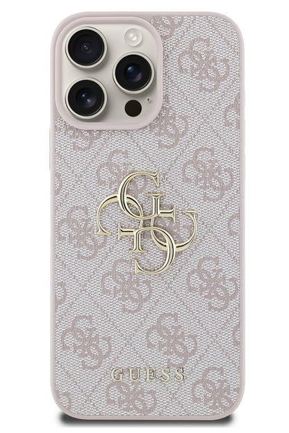 Guess iPhone 13 Pro Max Uyumlu 4G Logolu Deri Kılıf Pembe