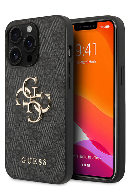 Guess iPhone 13 Pro Max Uyumlu 4G Logolu Deri Kılıf Siyah