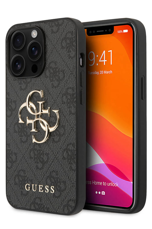 Guess iPhone 13 Pro Max Uyumlu 4G Logolu Deri Kılıf Siyah