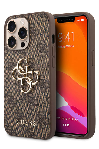 Guess iPhone 13 Pro Uyumlu 4G Logolu Deri Kılıf Kahverengi