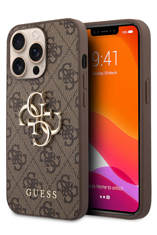 Guess iPhone 13 Pro Uyumlu 4G Logolu Deri Kılıf Kahverengi