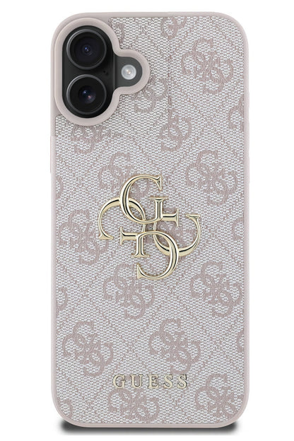 Guess iPhone 16 Plus Uyumlu 4G Logolu Deri Kılıf Pembe