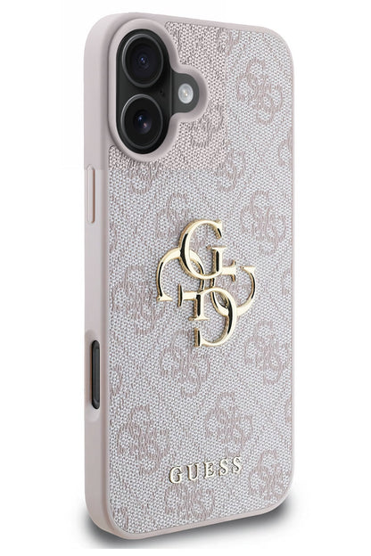 Guess iPhone 16 Plus Uyumlu 4G Logolu Deri Kılıf Pembe