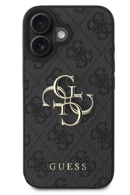 Guess iPhone 16 Plus Uyumlu 4G Logolu Deri Kılıf Siyah