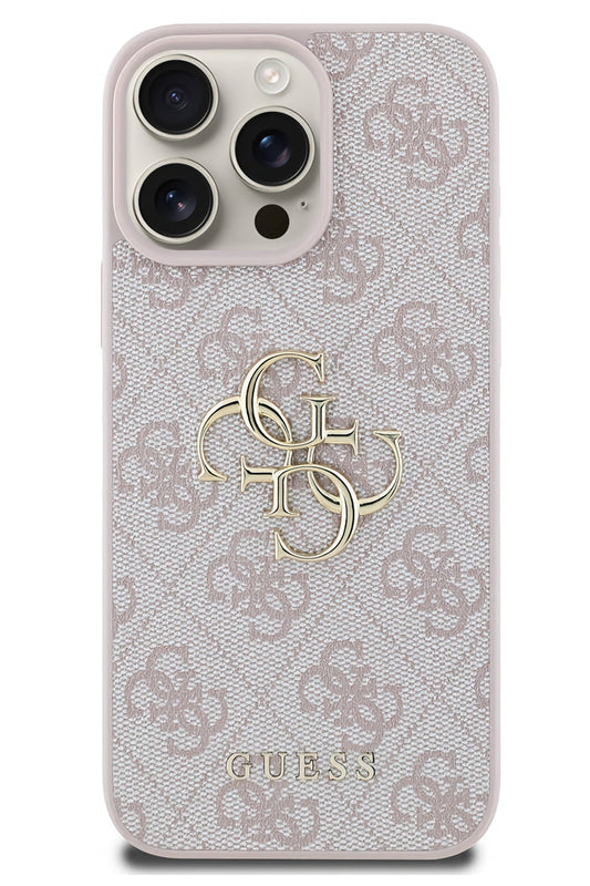 Guess iPhone 16 Pro Max Uyumlu 4G Logolu Deri Kılıf Pembe