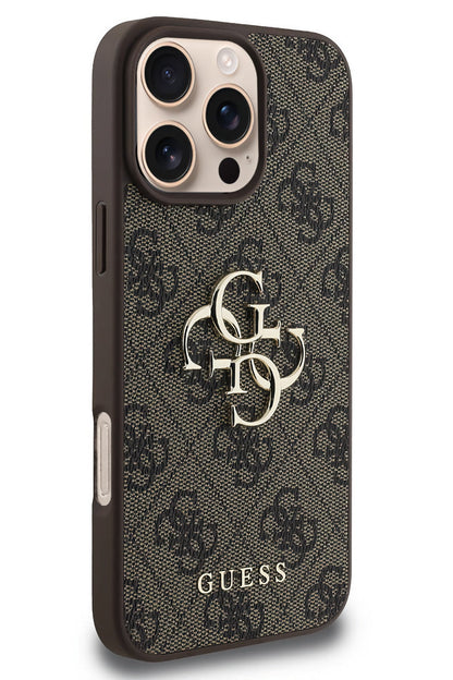 Guess iPhone 16 Pro Uyumlu 4G Logolu Deri Kılıf Kahverengi
