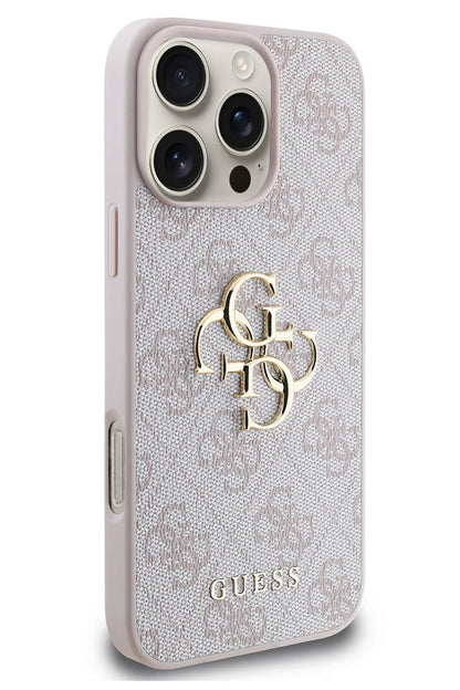 Guess iPhone 16 Pro Uyumlu 4G Logolu Deri Kılıf Pembe