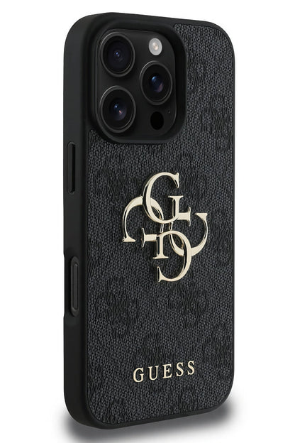 Guess iPhone 16 Pro Uyumlu 4G Logolu Deri Kılıf Siyah