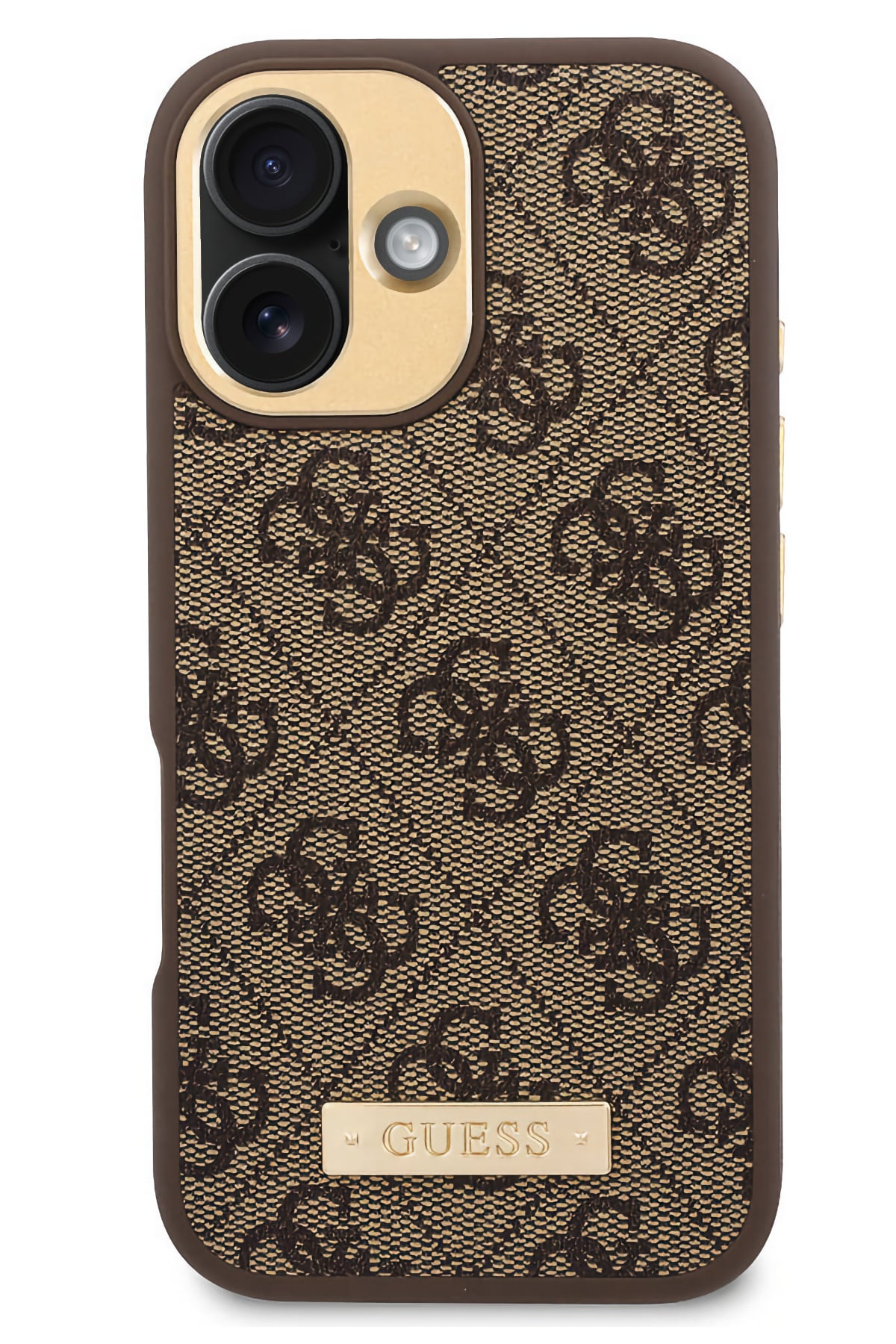 Guess Metal Plaka Logo iPhone 16 Magsafe Uyumlu Kılıf Kahverengi