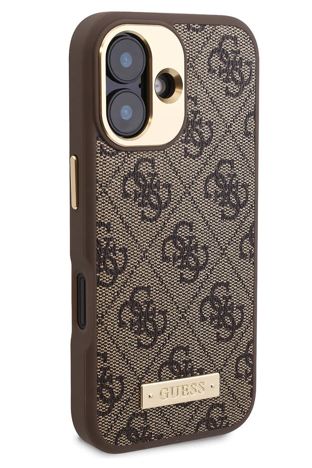 Guess Metal Plaka Logo iPhone 16 Magsafe Uyumlu Kılıf Kahverengi