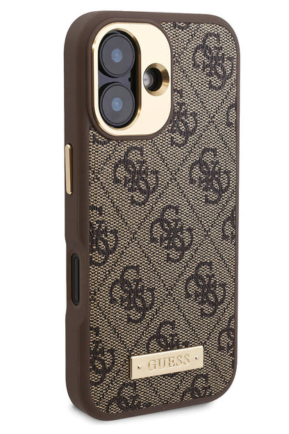 Guess Metal Plaka Logo iPhone 16 Magsafe Uyumlu Kılıf Kahverengi