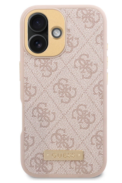 Guess Metal Plaka Logo iPhone 16 Magsafe Uyumlu Kılıf Pembe