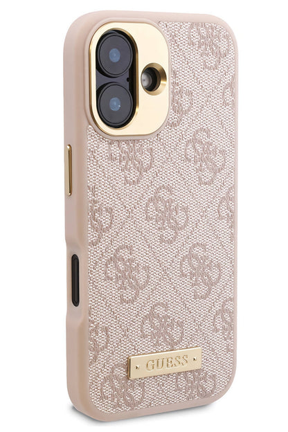 Guess Metal Plaka Logo iPhone 16 Magsafe Uyumlu Kılıf Pembe