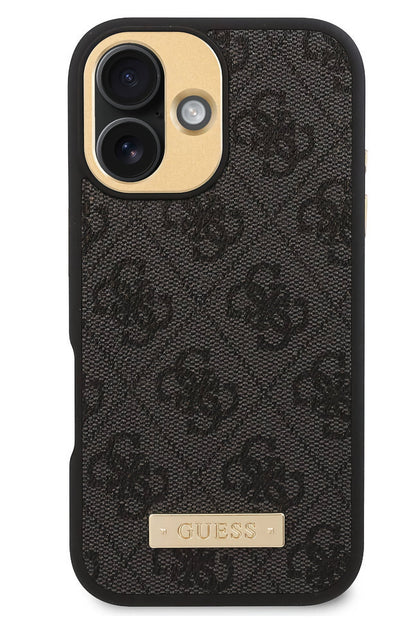 Guess Metal Plaka Logo iPhone 16 Magsafe Uyumlu Kılıf Siyah