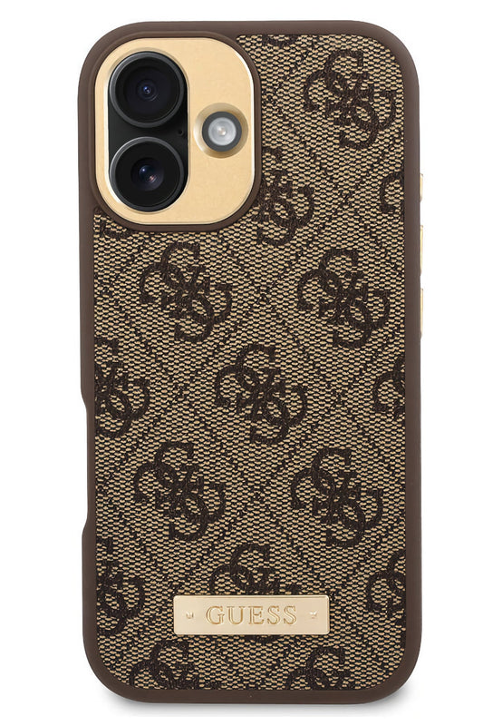 Guess Metal Plaka Logo iPhone 16 Plus Magsafe Uyumlu Kılıf Kahverengi