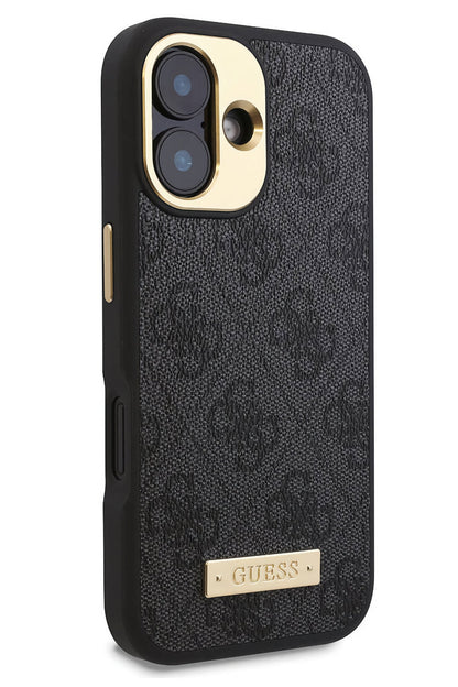 Guess Metal Plaka Logo iPhone 16 Plus Magsafe Uyumlu Kılıf Siyah