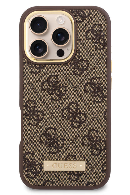 Guess Metal Plaka Logo iPhone 16 Pro Magsafe Uyumlu Kılıf Kahverengi