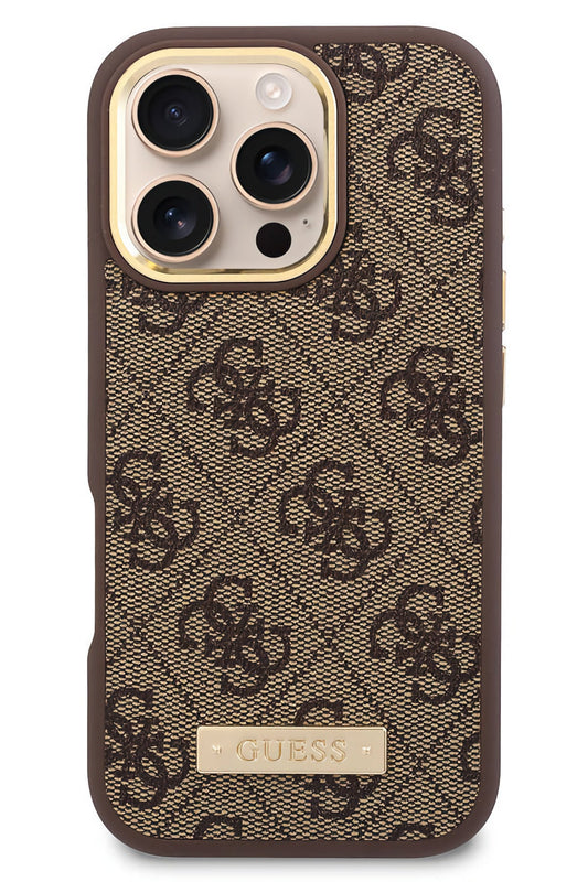 Guess Metal Plaka Logo iPhone 16 Pro Magsafe Uyumlu Kılıf Kahverengi