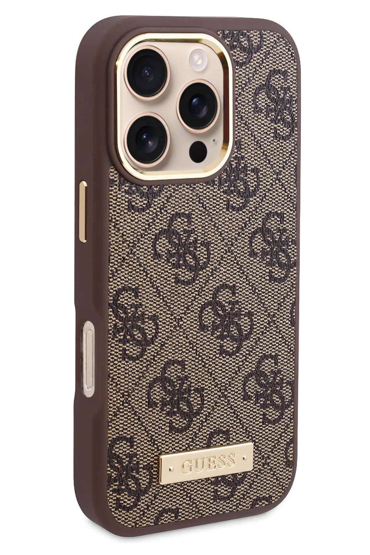 Guess Metal Plaka Logo iPhone 16 Pro Magsafe Uyumlu Kılıf Kahverengi