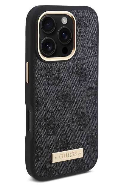 Guess Metal Plaka Logo iPhone 16 Pro Magsafe Uyumlu Kılıf Siyah