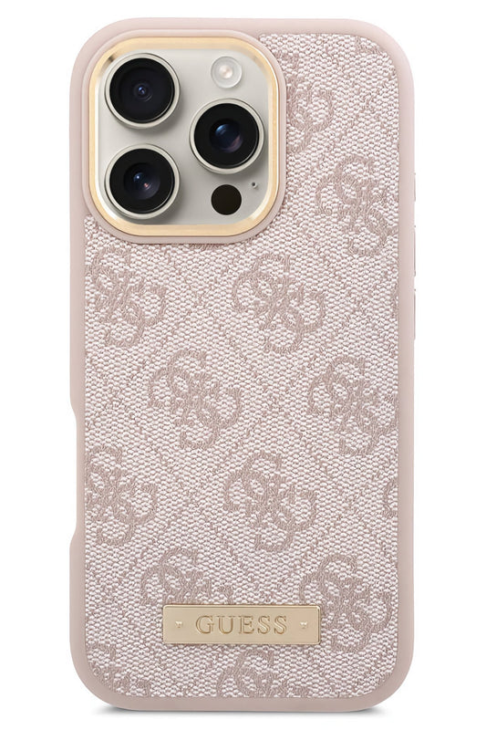 Guess Metal Plaka Logo iPhone 16 Pro Max Magsafe Uyumlu Kılıf Pembe