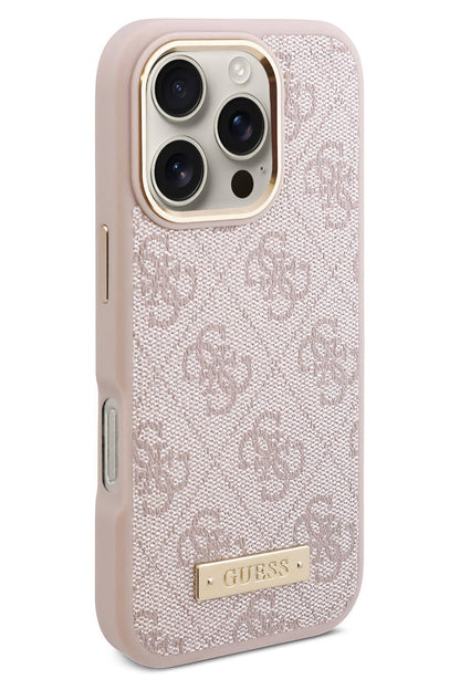 Guess Metal Plaka Logo iPhone 16 Pro Max Magsafe Uyumlu Kılıf Pembe