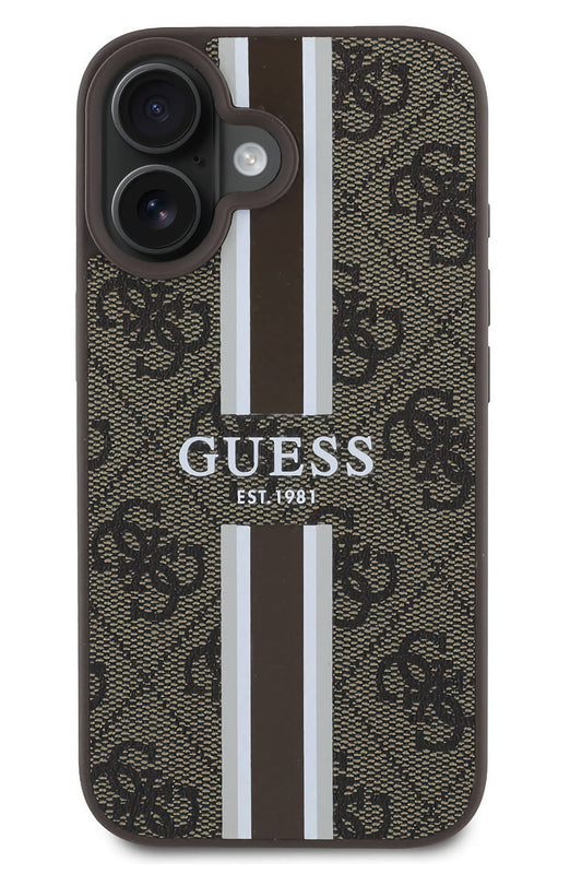 Guess Printed 4G Şerit Logolu iPhone 16 Plus Magsafe Uyumlu Kılıf Kahverengi