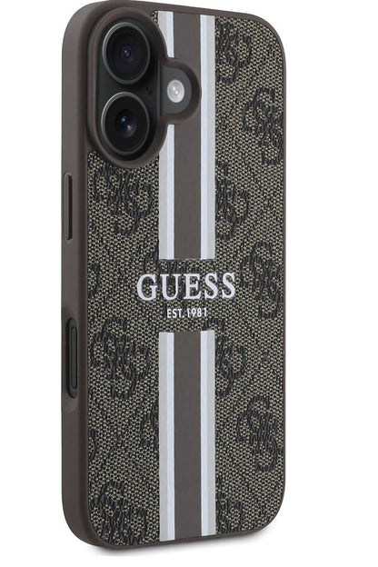 Guess Printed 4G Şerit Logolu iPhone 16 Plus Magsafe Uyumlu Kılıf Kahverengi