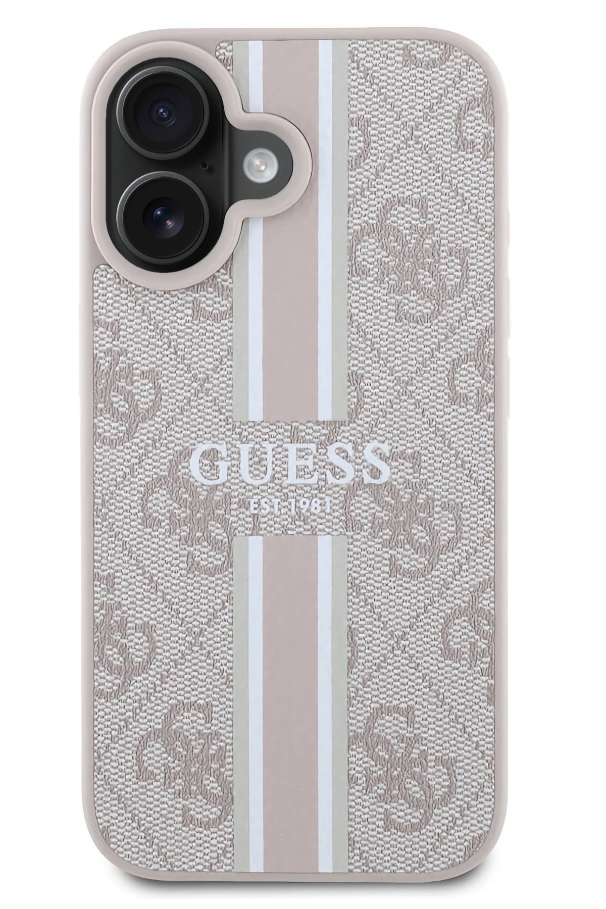 Guess Printed 4G Şerit Logolu iPhone 16 Plus Magsafe Uyumlu Kılıf Pembe