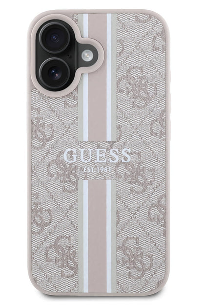 Guess Printed 4G Şerit Logolu iPhone 16 Plus Magsafe Uyumlu Kılıf Pembe