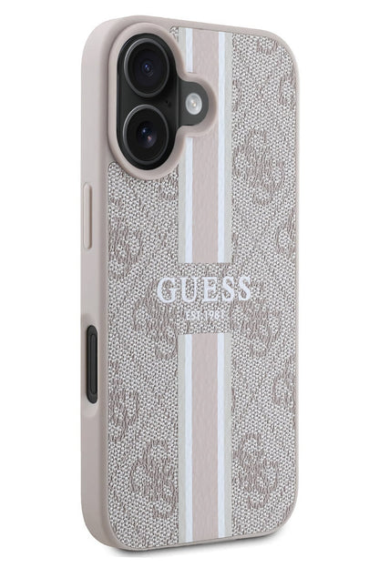 Guess Printed 4G Şerit Logolu iPhone 16 Plus Magsafe Uyumlu Kılıf Pembe