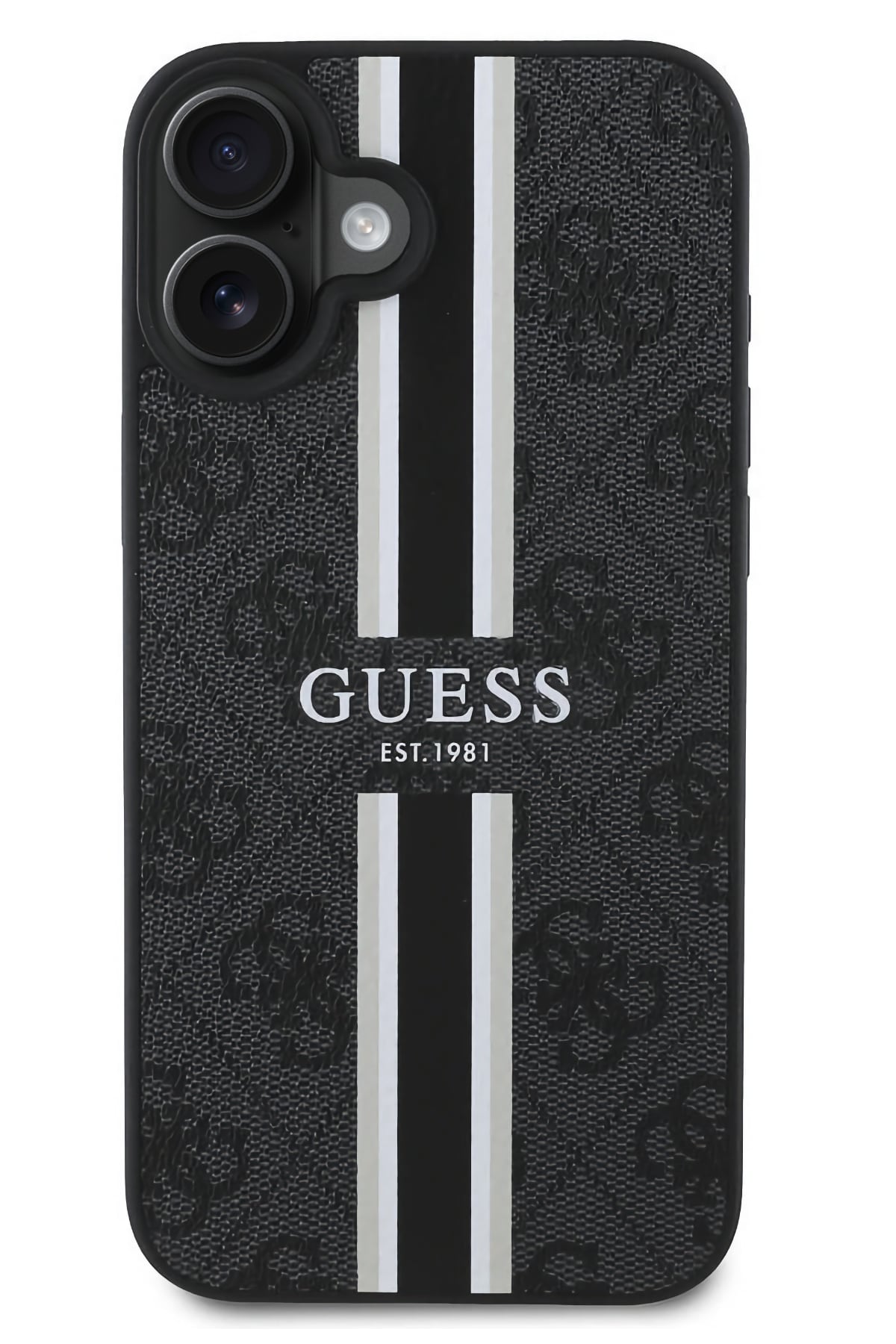 Guess Printed 4G Şerit Logolu iPhone 16 Plus Magsafe Uyumlu Kılıf Siyah