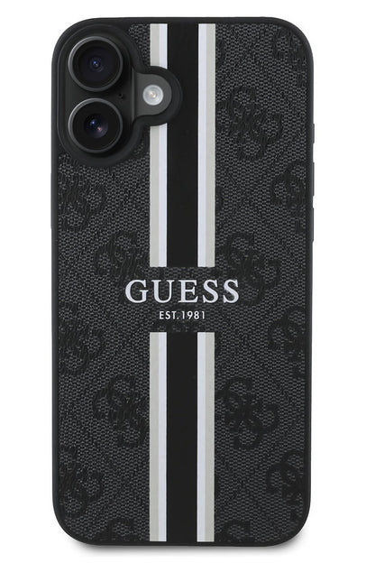 Guess Printed 4G Şerit Logolu iPhone 16 Plus Magsafe Uyumlu Kılıf Siyah
