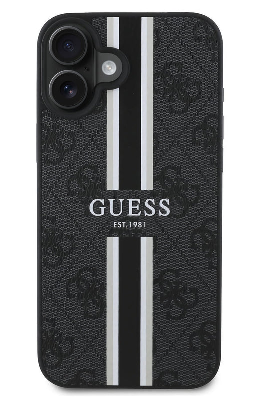 Guess Printed 4G Şerit Logolu iPhone 16 Plus Magsafe Uyumlu Kılıf Siyah