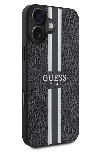 Guess Printed 4G Şerit Logolu iPhone 16 Plus Magsafe Uyumlu Kılıf Siyah