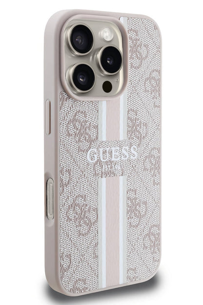 Guess Printed 4G Şerit Logolu iPhone 16 Pro Magsafe Uyumlu Kılıf Pembe