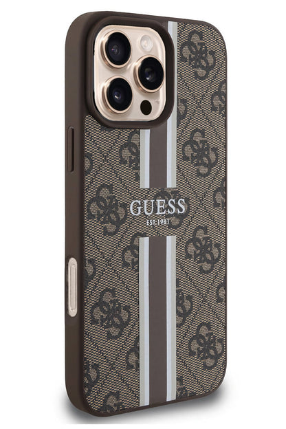 Guess Printed 4G Şerit Logolu iPhone 16 Pro Max Magsafe Uyumlu Kılıf Kahverengi