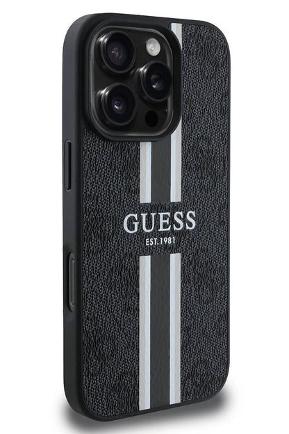Guess Printed 4G Şerit Logolu iPhone 16 Pro Max Magsafe Uyumlu Kılıf Siyah