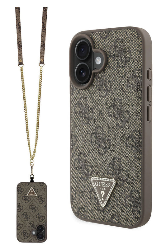 Guess Strass iPhone 16 Plus Uyumlu 4G Desenli Vücut Askılı Kılıf Kahverengi