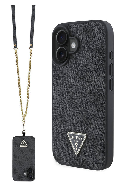 Guess Strass iPhone 16 Plus Uyumlu 4G Desenli Vücut Askılı Kılıf Siyah
